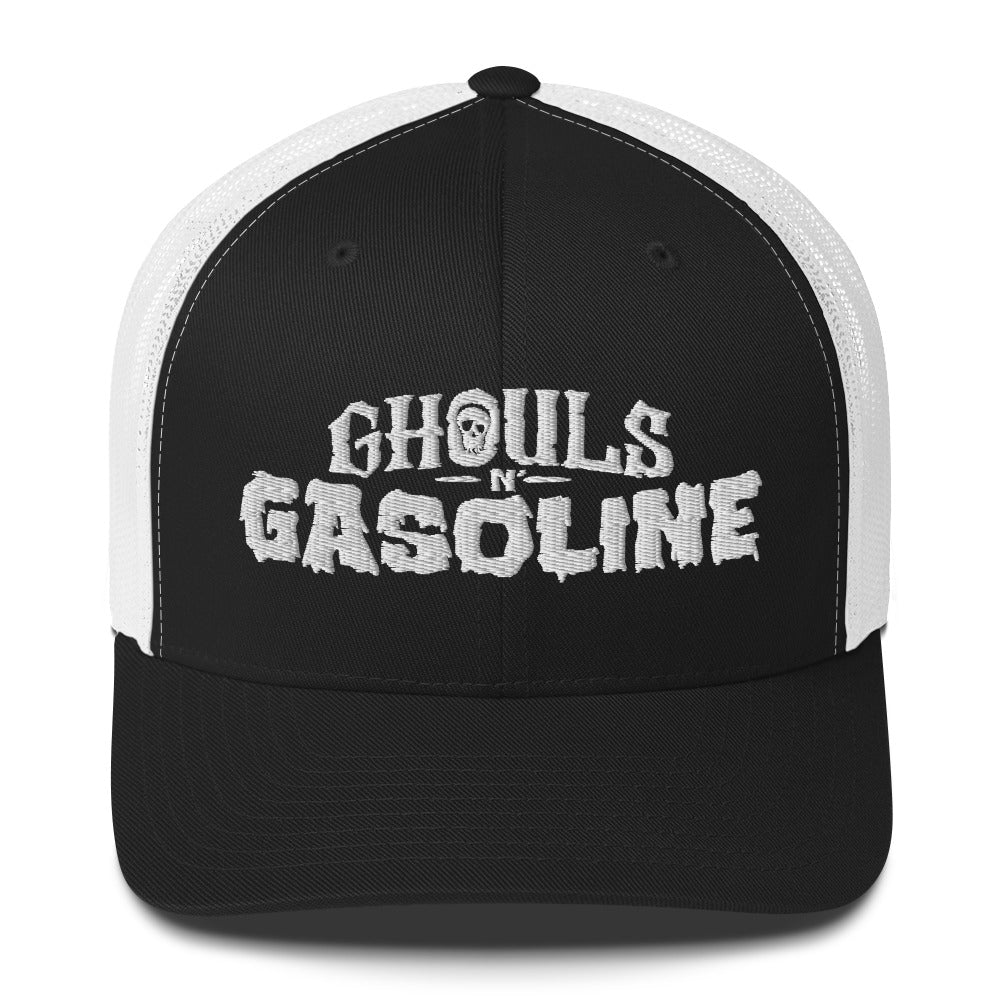 Ghouls n' Gasoline Embroidered Trucker Hat - Black & White with White GnG Logo