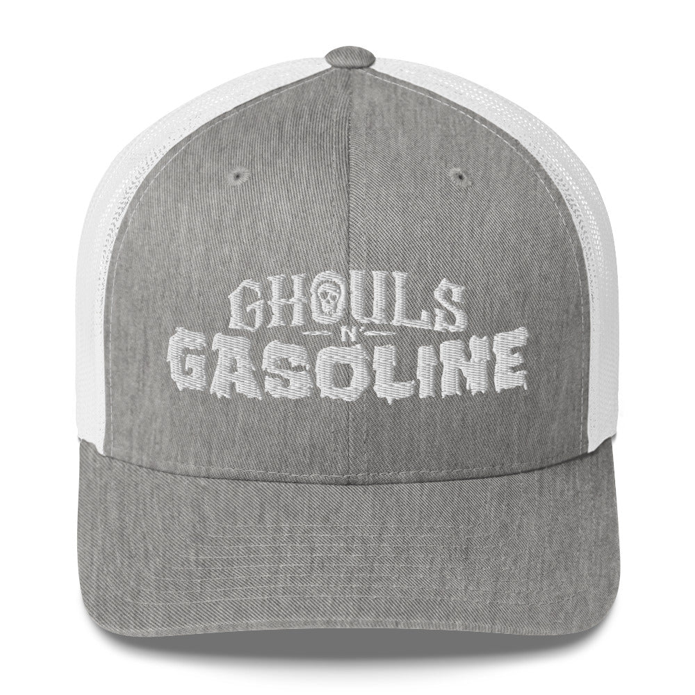 Ghouls n' Gasoline Embroidered Trucker Hat - Heather Gray & White with White GnG Logo