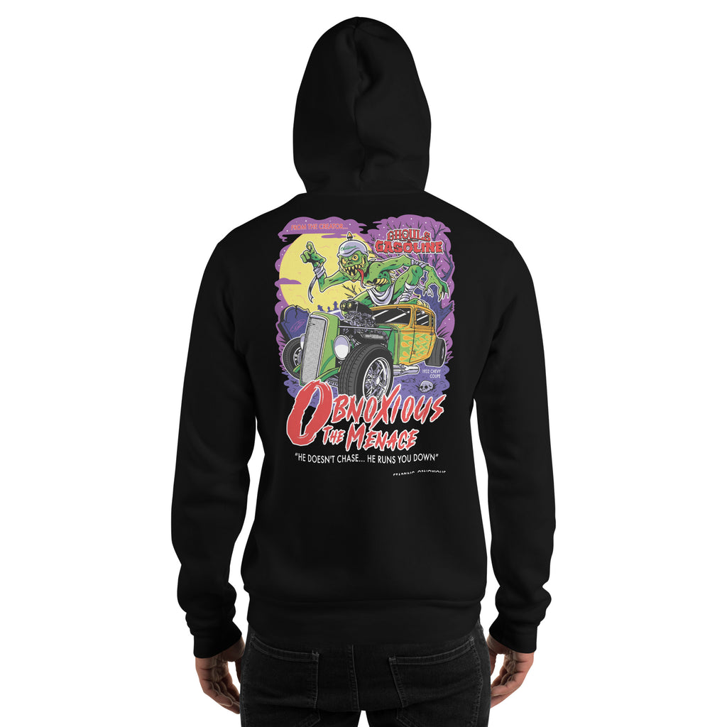 Obnoxious the Menace: '32 Chevy Coupe - Unisex Hoodie - Ghouls n' Gasoline - Male Model - Back View