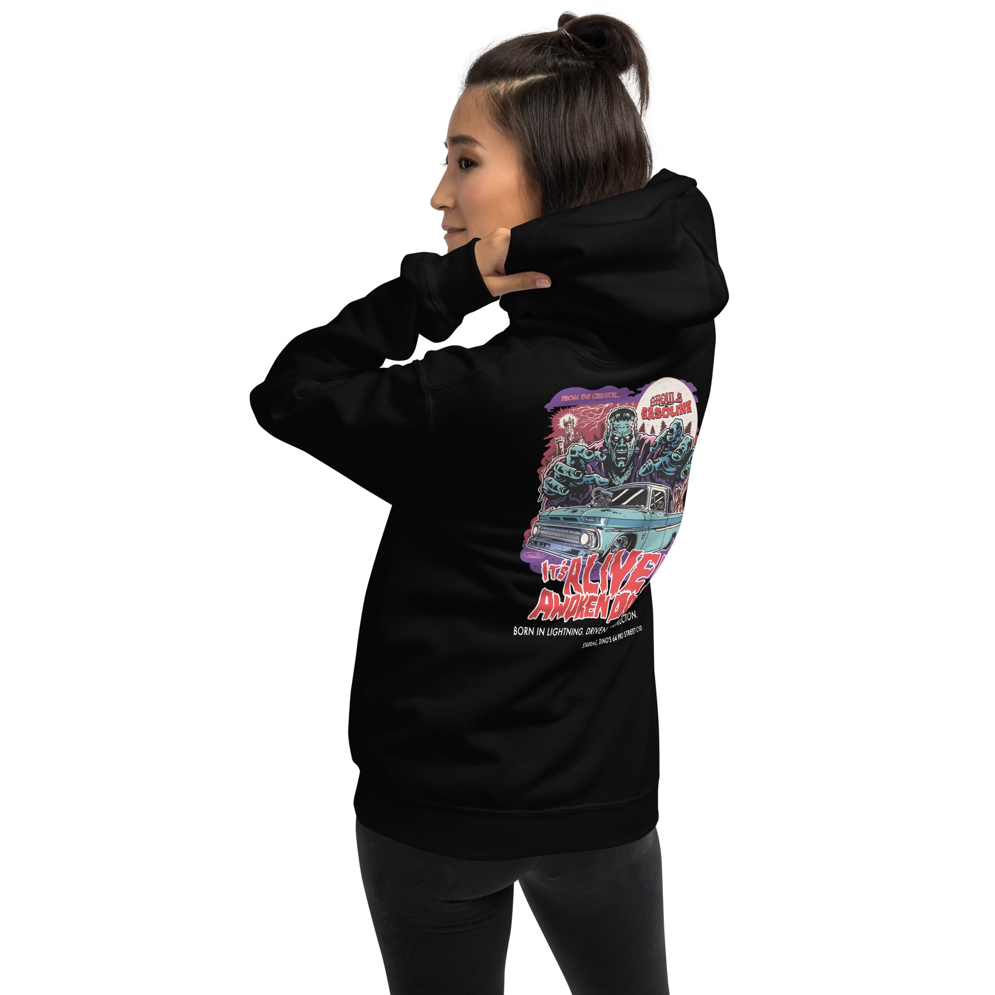 Awoken Doom: '64 Pro Street C10 Chevy - Unisex Hoodie - Ghouls n' Gasoline - Female Model - Back View