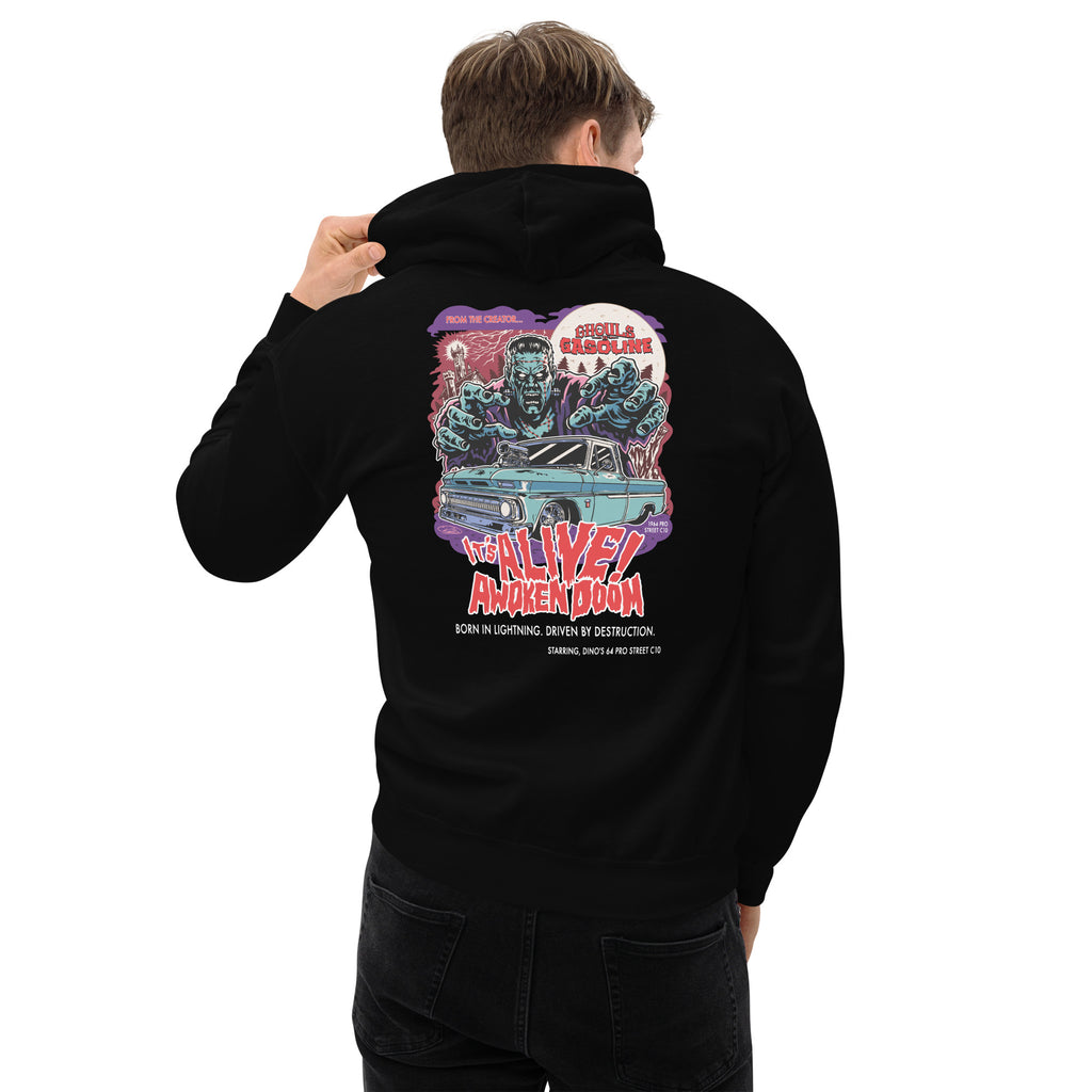 Awoken Doom: '64 Pro Street C10 Chevy - Unisex Hoodie - Ghouls n' Gasoline - Male Model - Back View