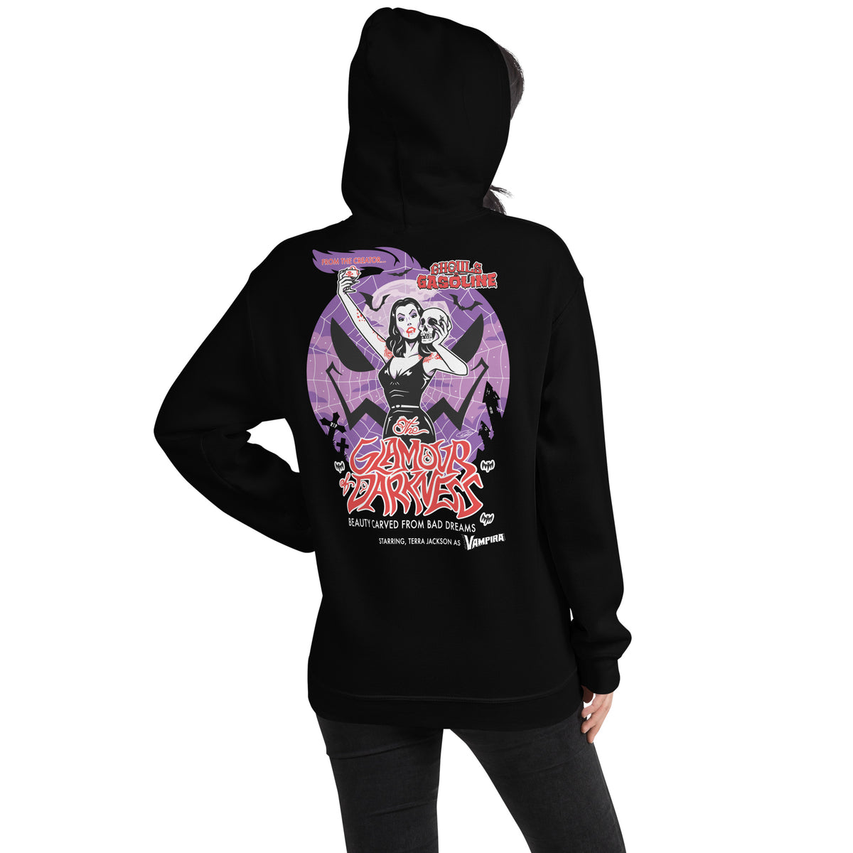 Vampira: Glam of Darkness: Special Edition - Unisex Hoodie - Ghouls n' Gasoline - Female Model - Back View