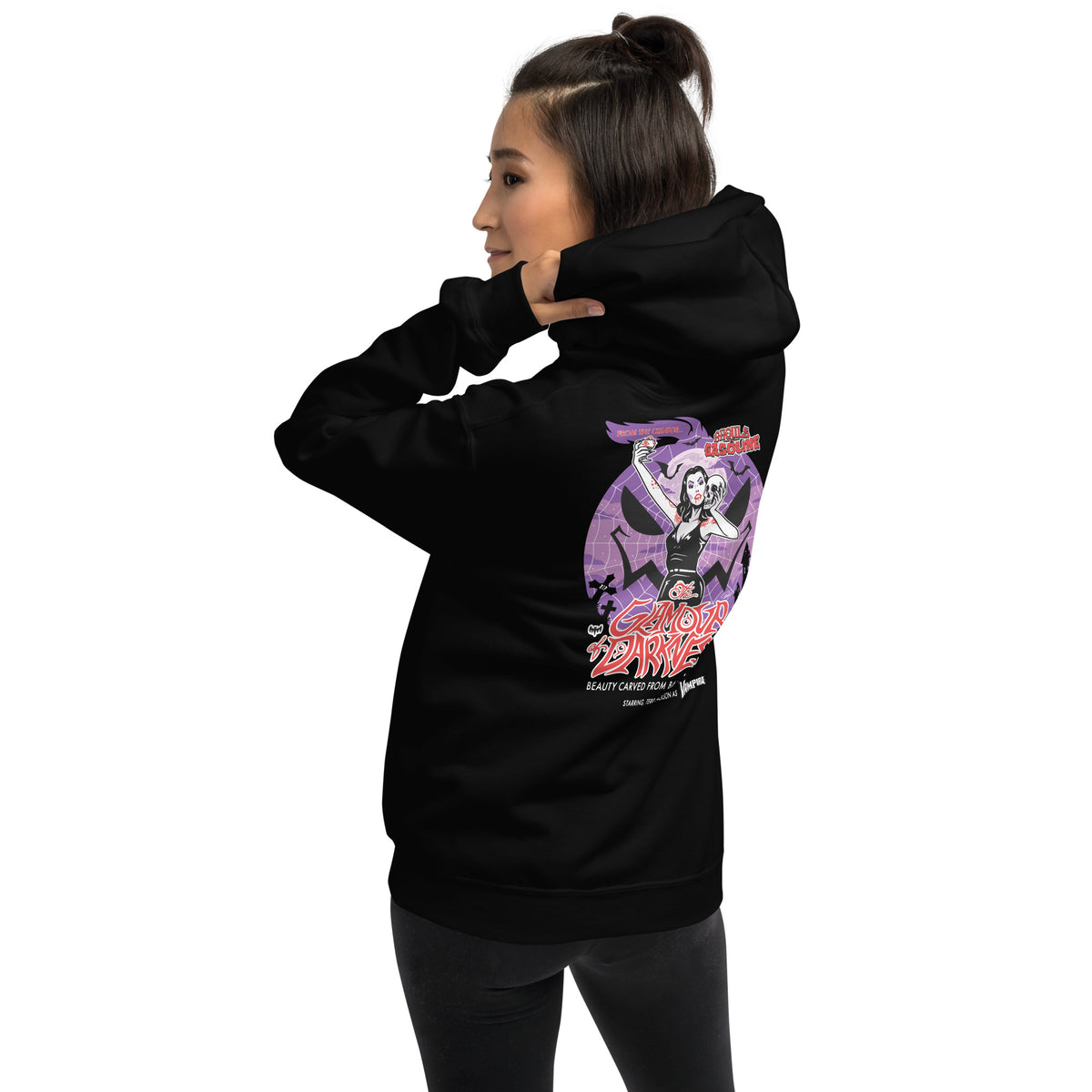 Vampira: Glam of Darkness: Special Edition - Unisex Hoodie - Ghouls n' Gasoline - Female Model - Back Side View