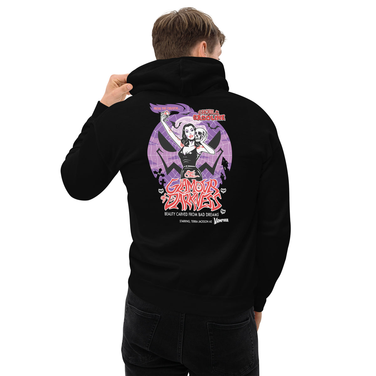 Vampira: Glam of Darkness: Special Edition - Unisex Hoodie - Ghouls n' Gasoline - Male Model - Back View