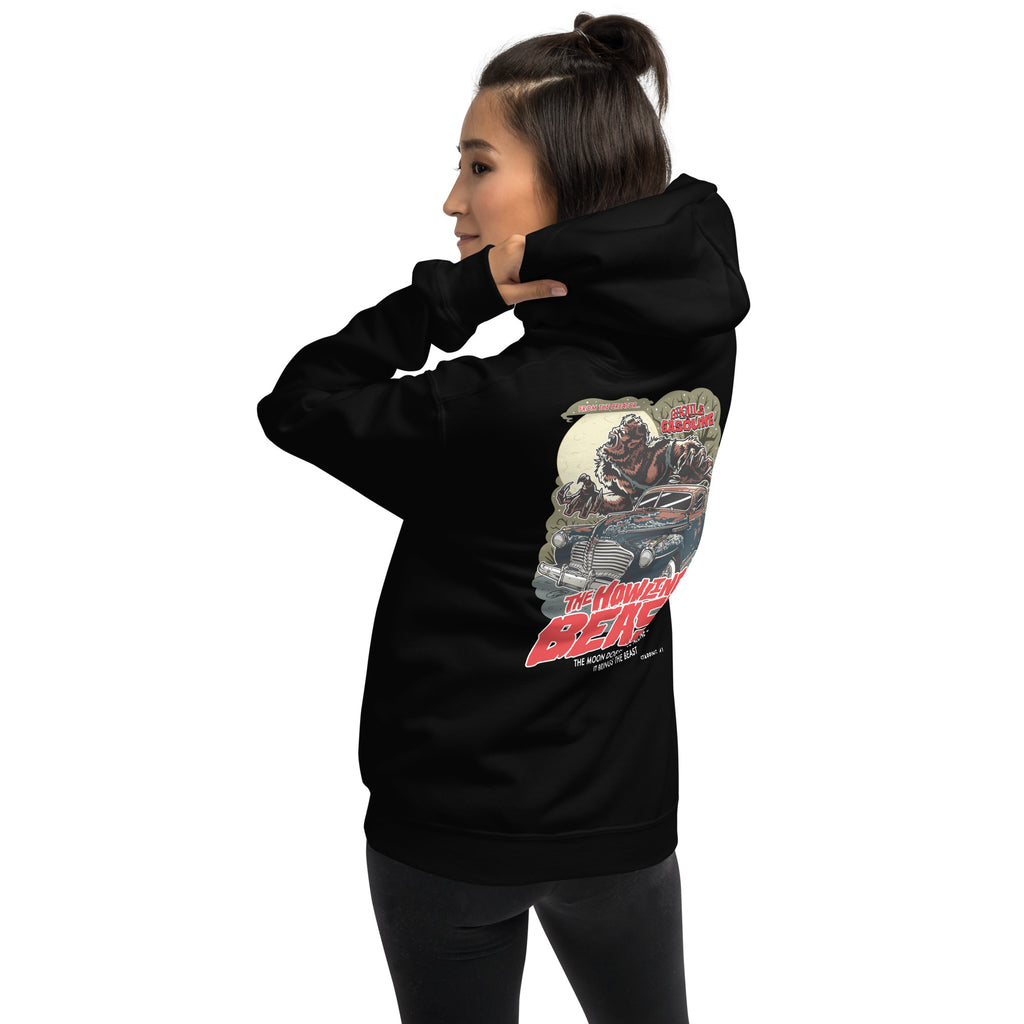 Howling Beast: '41 Buick Super Eight - Unisex Hoodie - Ghouls n' Gasoline - Female Model - Back View
