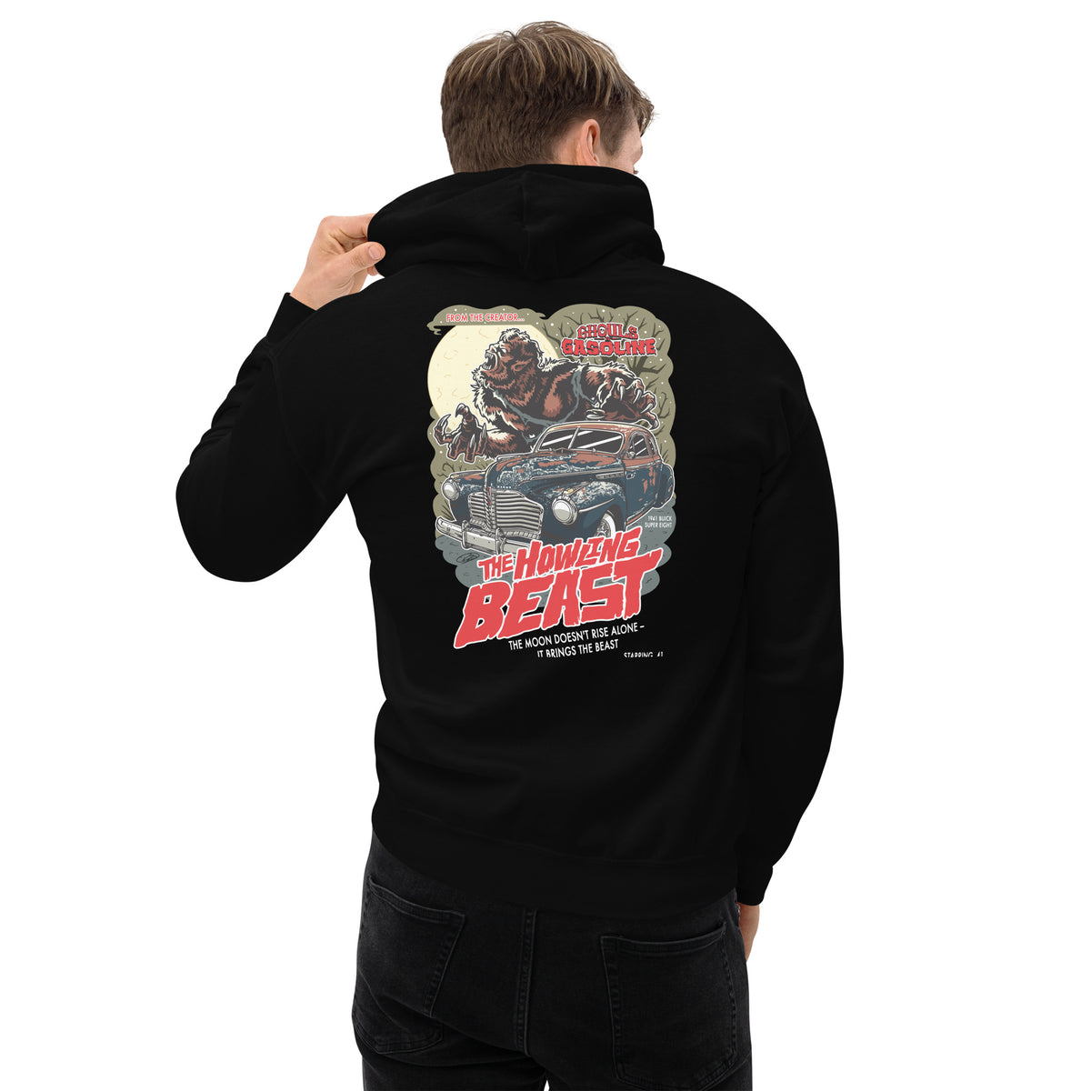 Howling Beast: '41 Buick Super Eight - Unisex Hoodie - Ghouls n' Gasoline - Male Model - Back View
