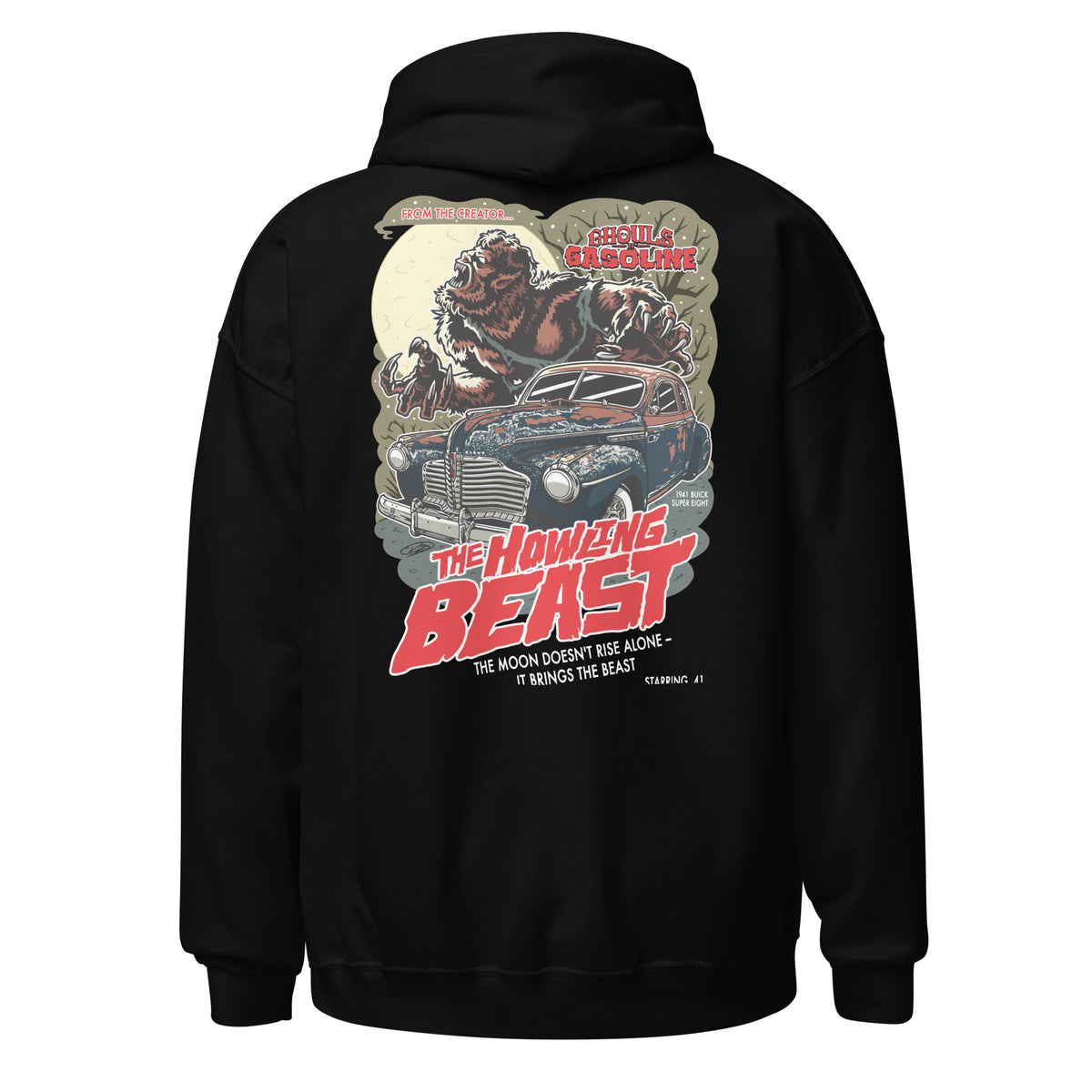 Howling Beast: '41 Buick Super Eight - Unisex Hoodie - Ghouls n' Gasoline - Back View
