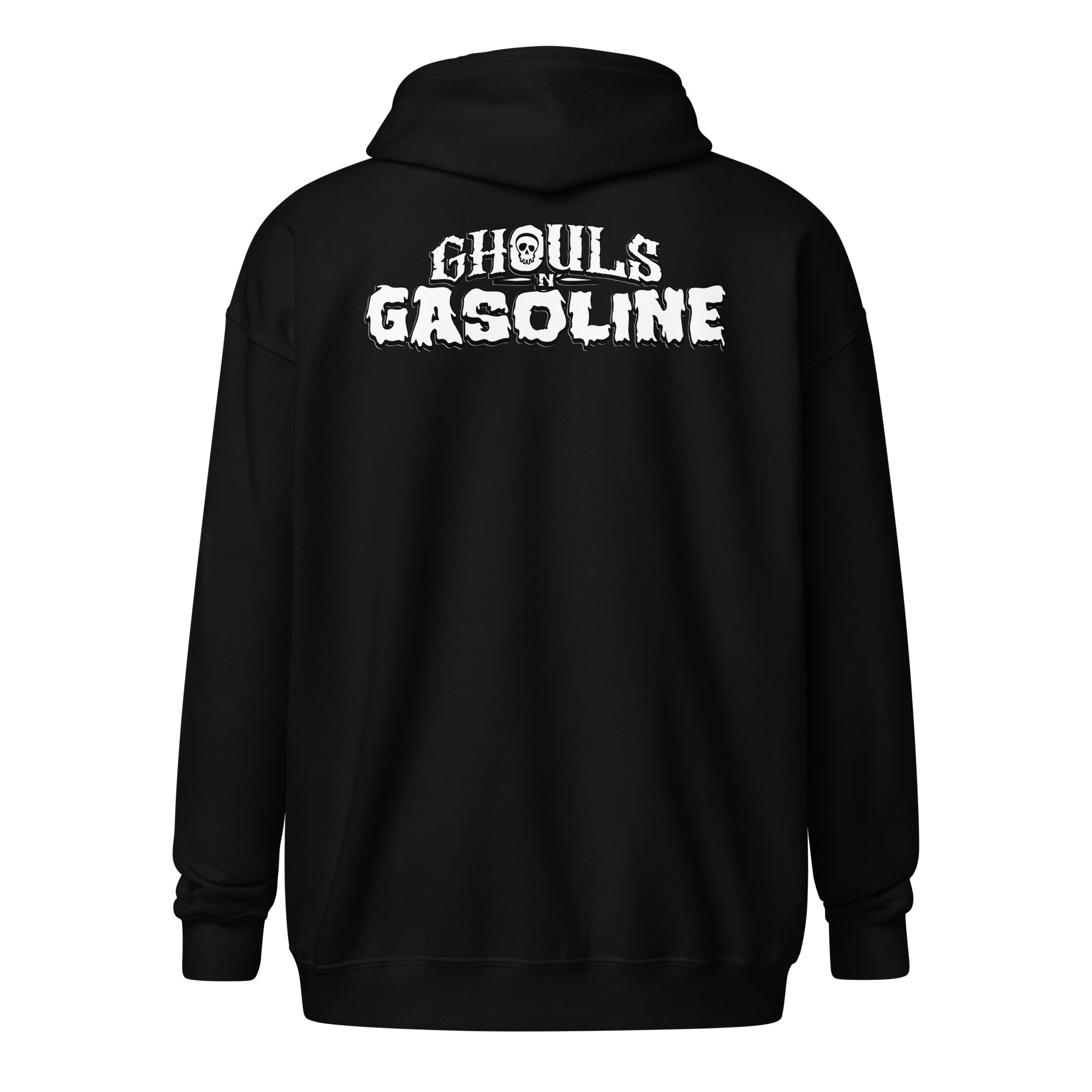 Ghouls n' Gasoline Skull - Unisex Zip-Up Hoodie: Black / White - Back View
