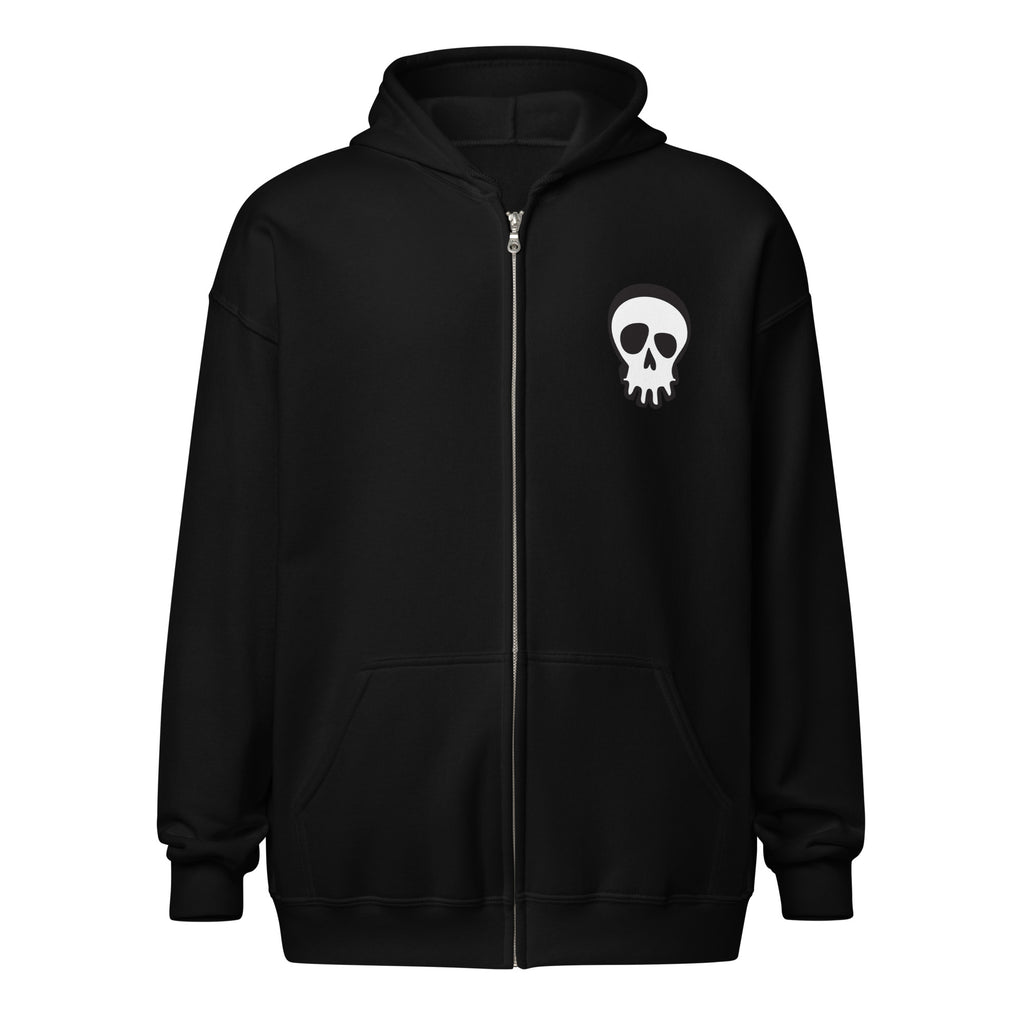 Ghouls n' Gasoline Skull - Unisex Zip-Up Hoodie: Black / White - Front View