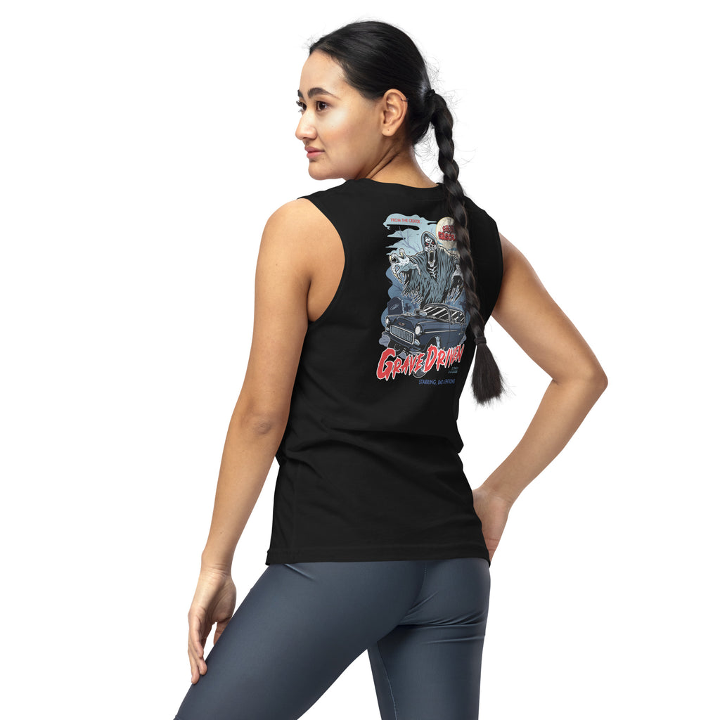 Grave Driven: '55 Chevy Bel Air: Muscle Tank - Ghouls n' Gasoline - Female Model - Back View