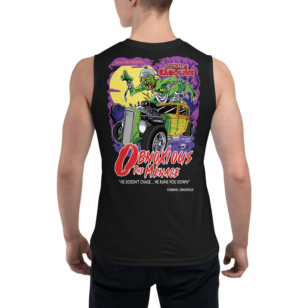 Obnoxious the Menace: '32 Chevy Coupe - Unisex Muscle Tank Top - Ghouls n' Gasoline - Male Model - Back View