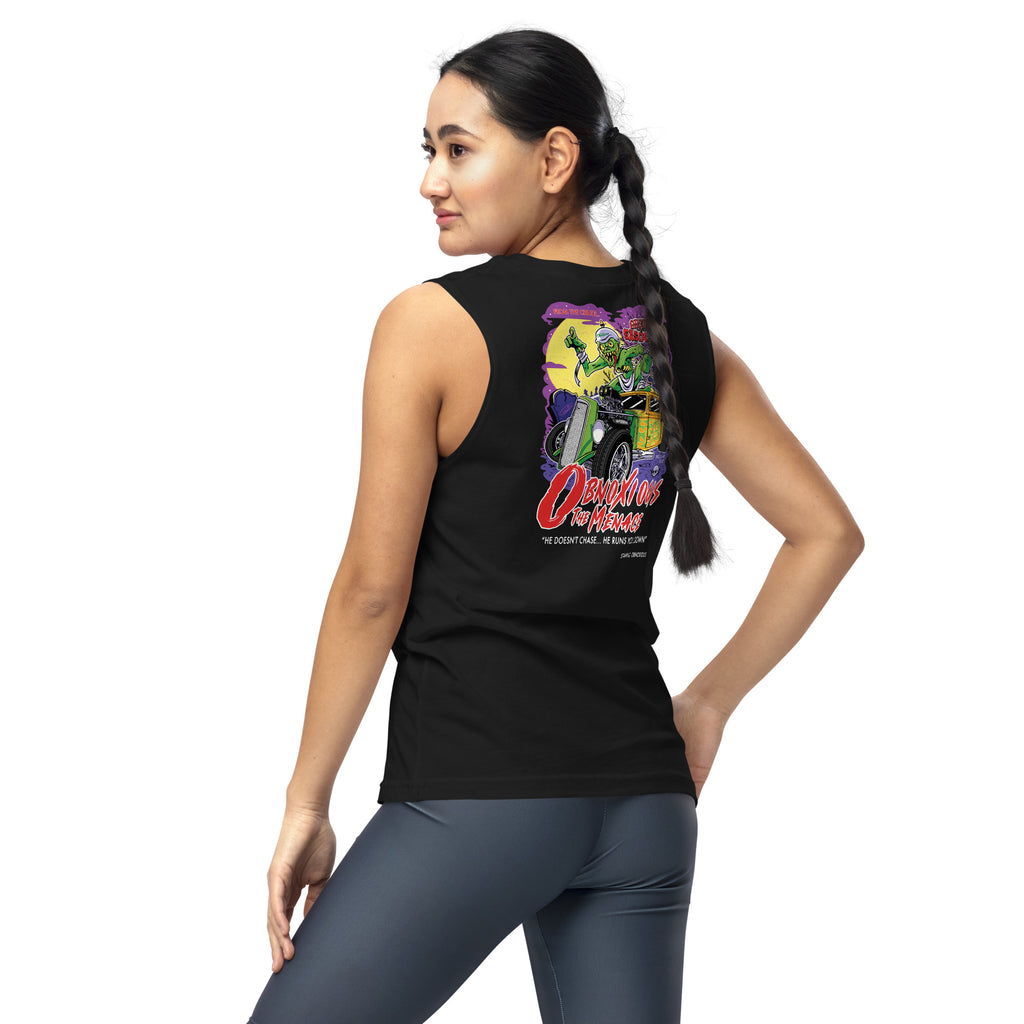 Obnoxious the Menace: '32 Chevy Coupe - Unisex Muscle Tank Top - Ghouls n' Gasoline - Female Model - Back View