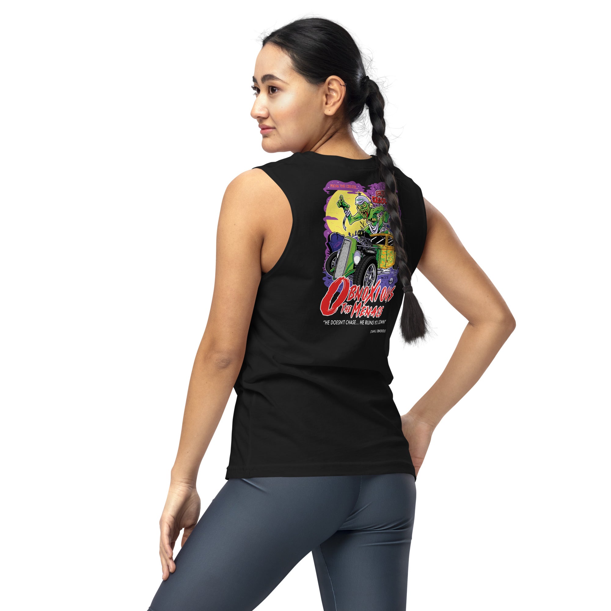 Obnoxious the Menace: '32 Chevy Coupe - Unisex Muscle Tank Top - Ghouls n' Gasoline - Female Model - Back View
