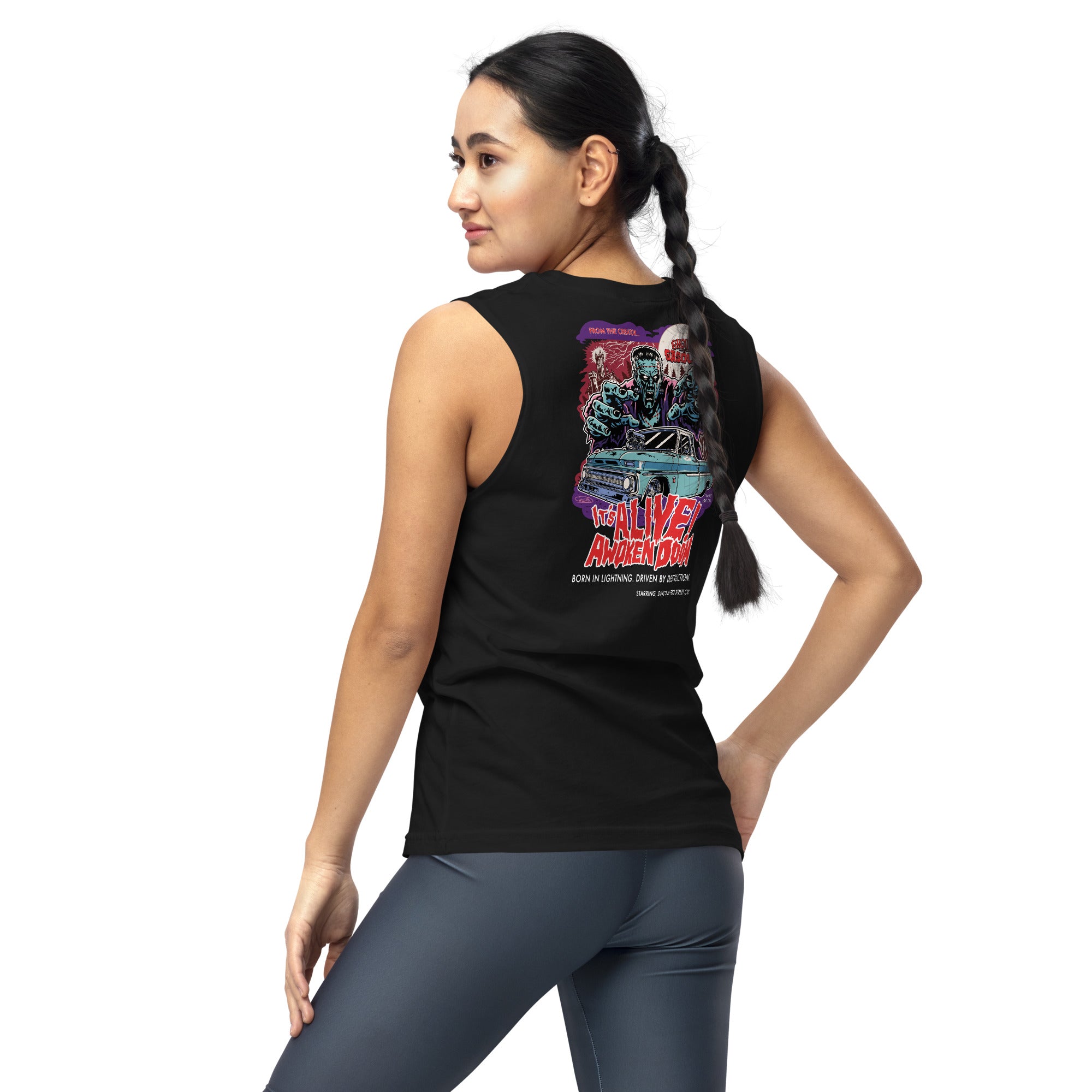 Awoken Doom: '64 Pro Street C10 Chevy - Unisex Muscle Tank Top - Ghouls n' Gasoline - Female Model - Back View