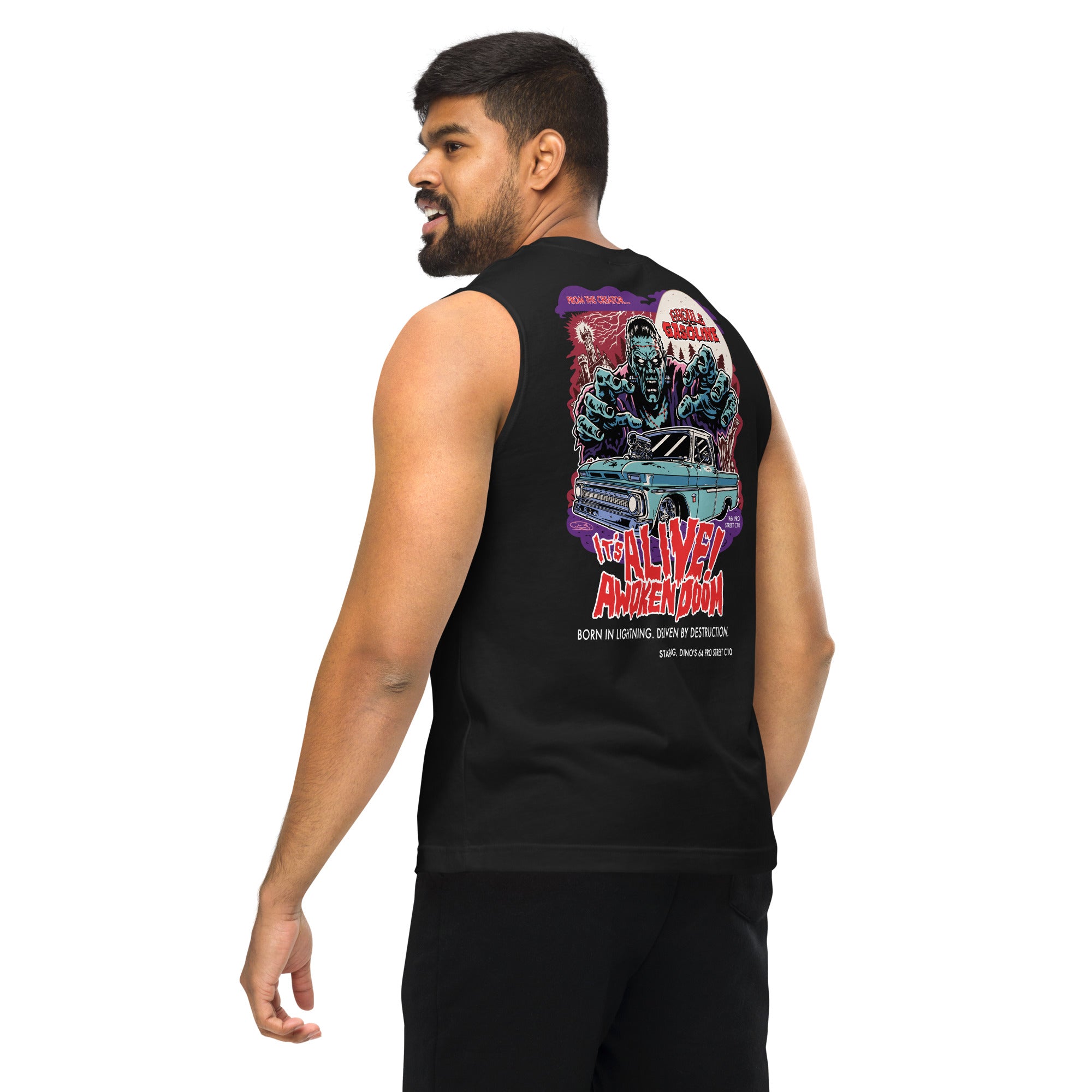 Awoken Doom: '64 Pro Street C10 Chevy - Unisex Muscle Tank Top - Ghouls n' Gasoline - Male Model - Back View