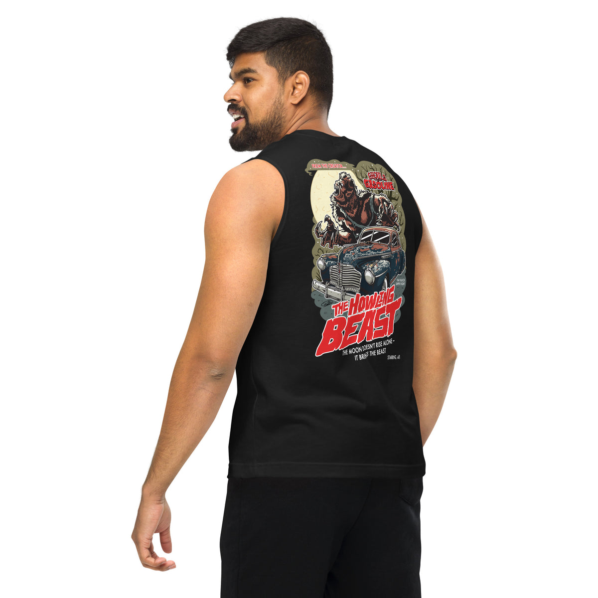 Howling Beast: '41 Buick Super Eight - Unisex Muscle Tank - Ghouls n' Gasoline -Male Model - Back View