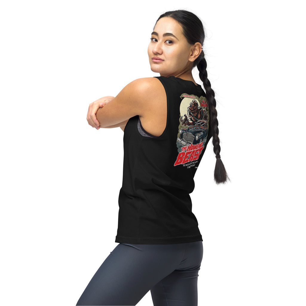 Howling Beast: '41 Buick Super Eight - Unisex Muscle Tank - Ghouls n' Gasoline - Female Model - Back View
