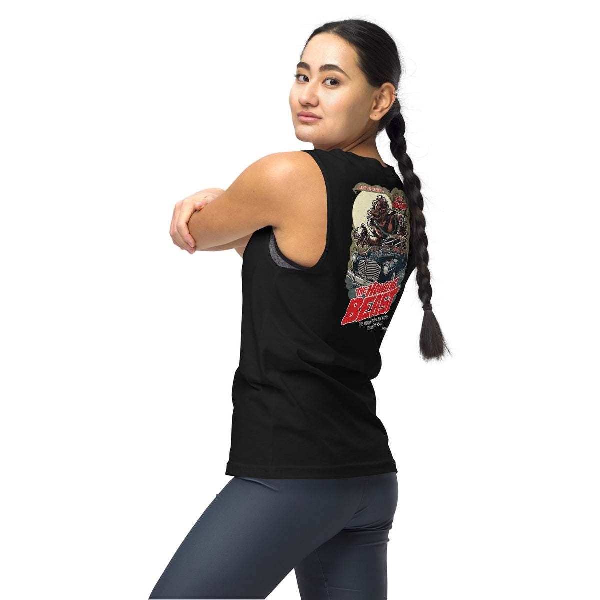 Howling Beast: '41 Buick Super Eight - Unisex Muscle Tank - Ghouls n' Gasoline - Female Model - Back View