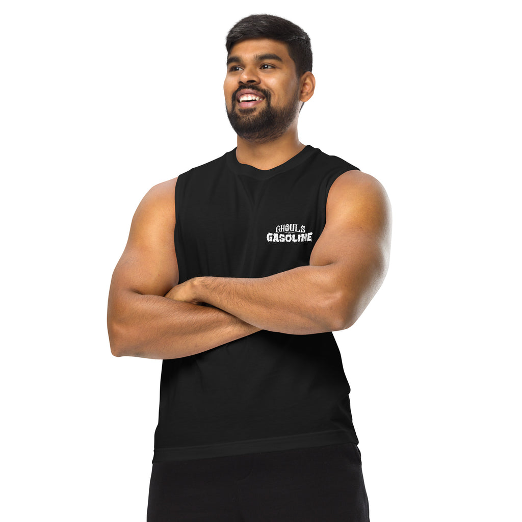 Obnoxious the Menace: '32 Chevy Coupe - Unisex Muscle Tank Top - Ghouls n' Gasoline - Male Model - Front View