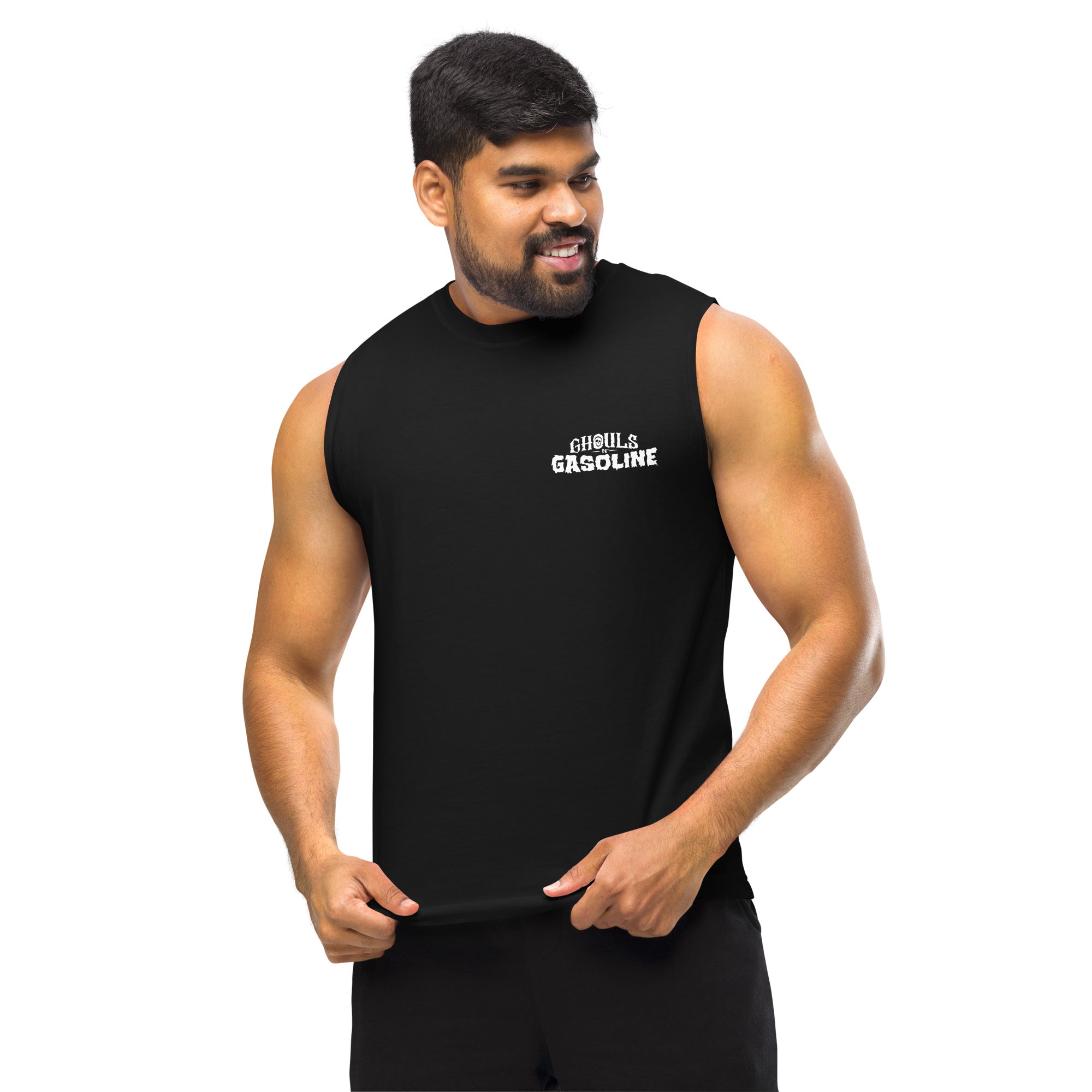 Awoken Doom: '64 Pro Street C10 Chevy - Unisex Muscle Tank Top - Ghouls n' Gasoline - Male Model - Front View