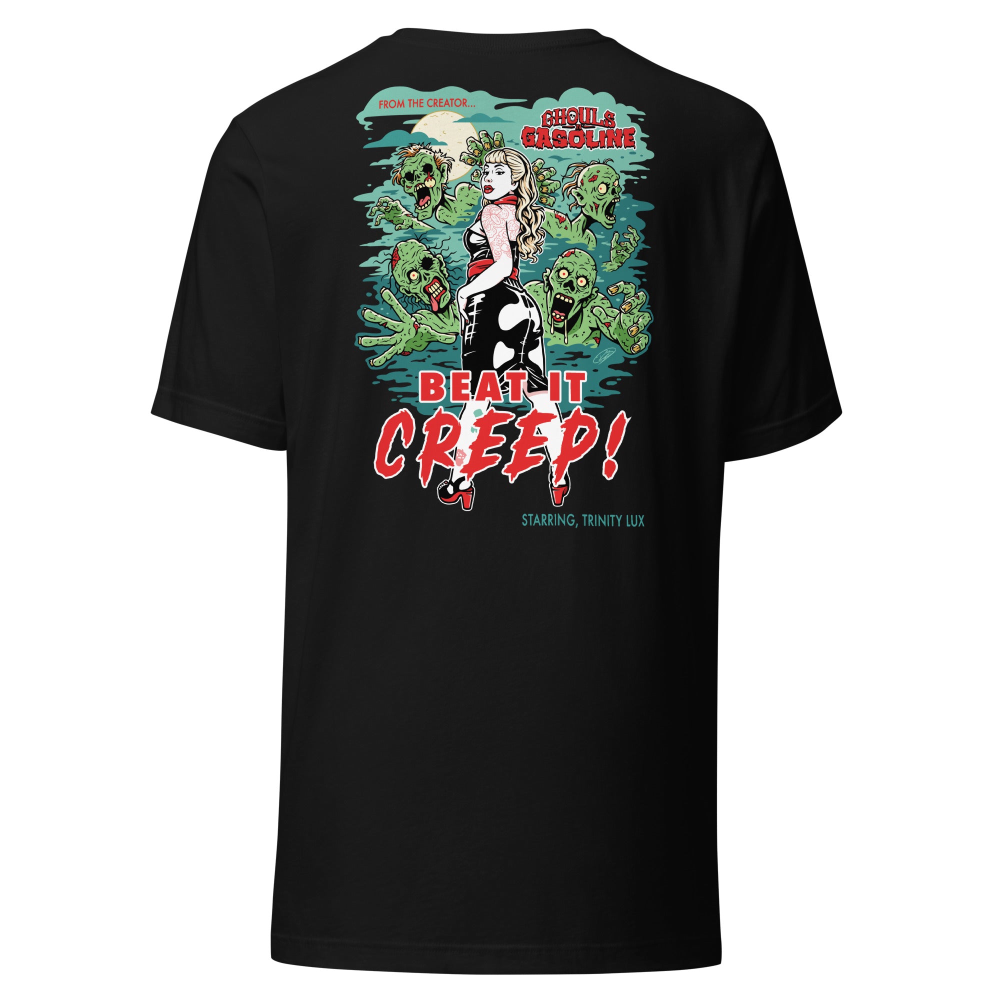 Beat It Creep: Pinup Zombie - Unisex T-Shirt - Ghouls n' Gasoline - Back View