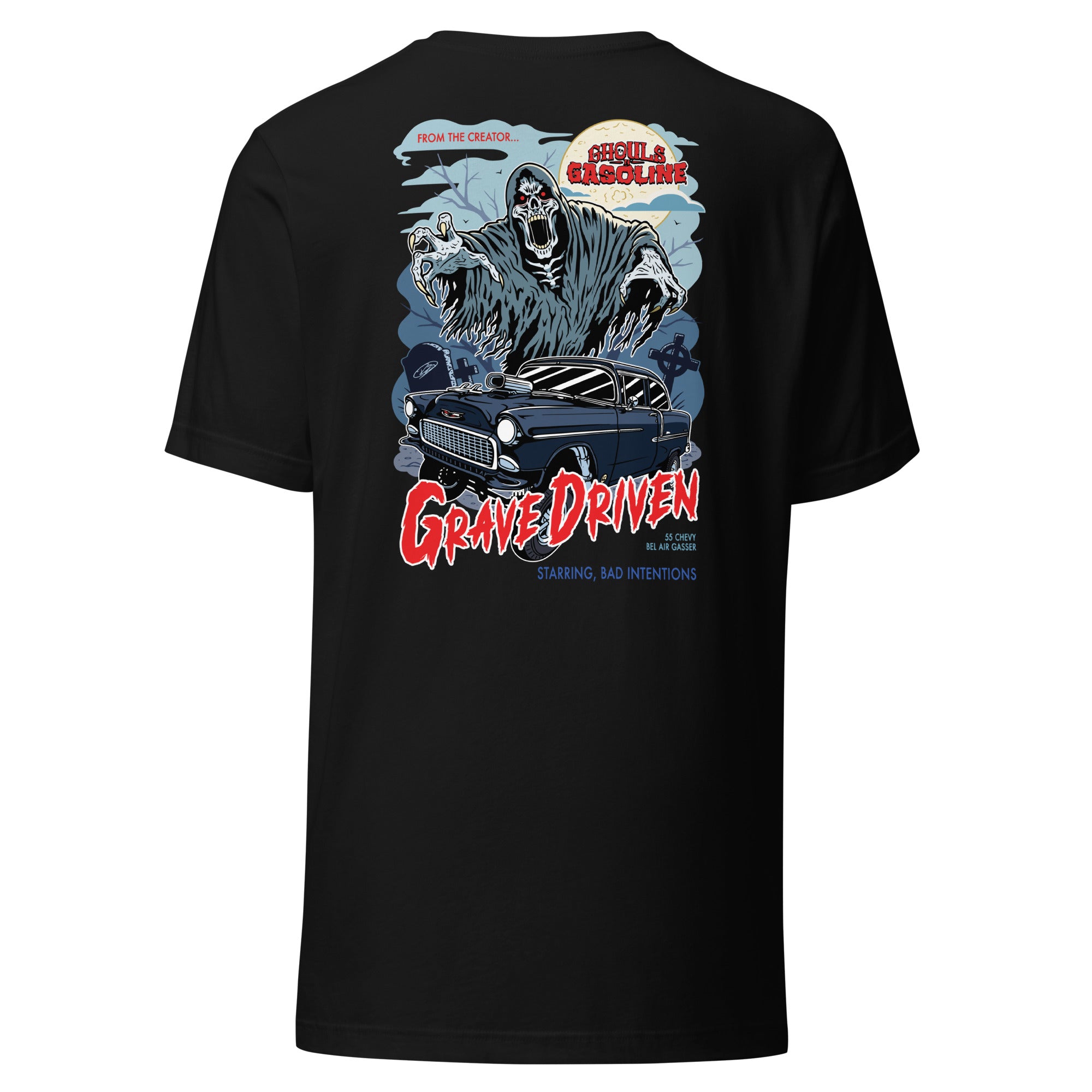 Grave Driven: '55 Chevy Bel Air - Unisex T-Shirt - Ghouls n' Gasoline - Back View