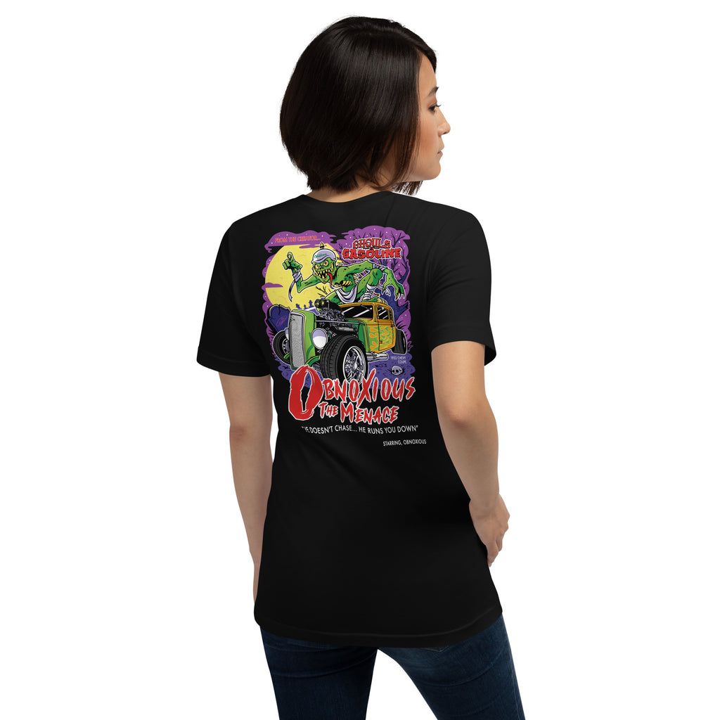 Obnoxious the Menace: '32 Chevy Coupe - Unisex T-Shirt - Ghouls n' Gasoline - Female Model - Back View