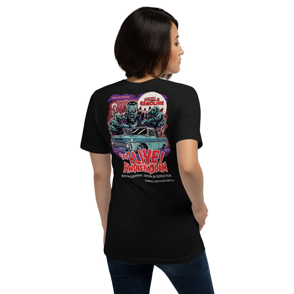 Awoken Doom: '64 Pro Street C10 Chevy - Unisex T-Shirt - Ghouls n' Gasoline - Female Model - Back View