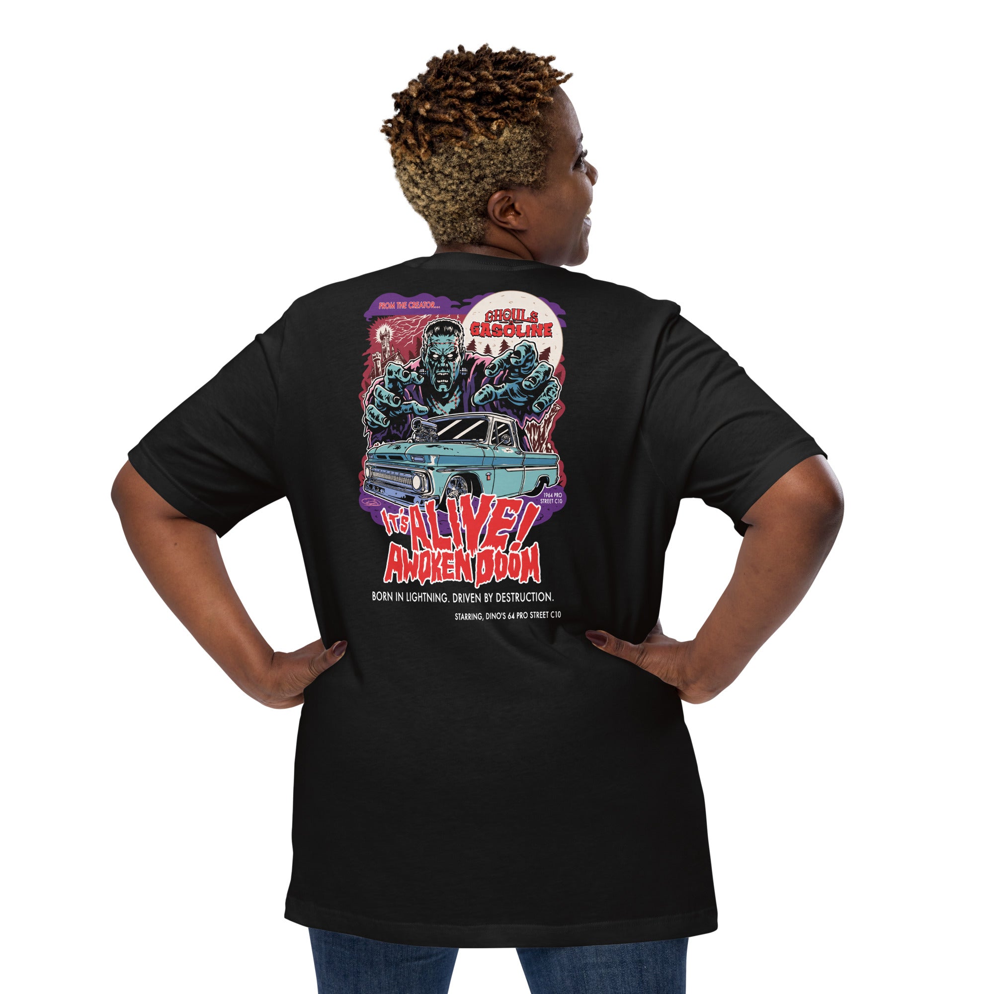Awoken Doom: '64 Pro Street C10 Chevy - Unisex T-Shirt - Ghouls n' Gasoline - Plus Size Female Model - Back View