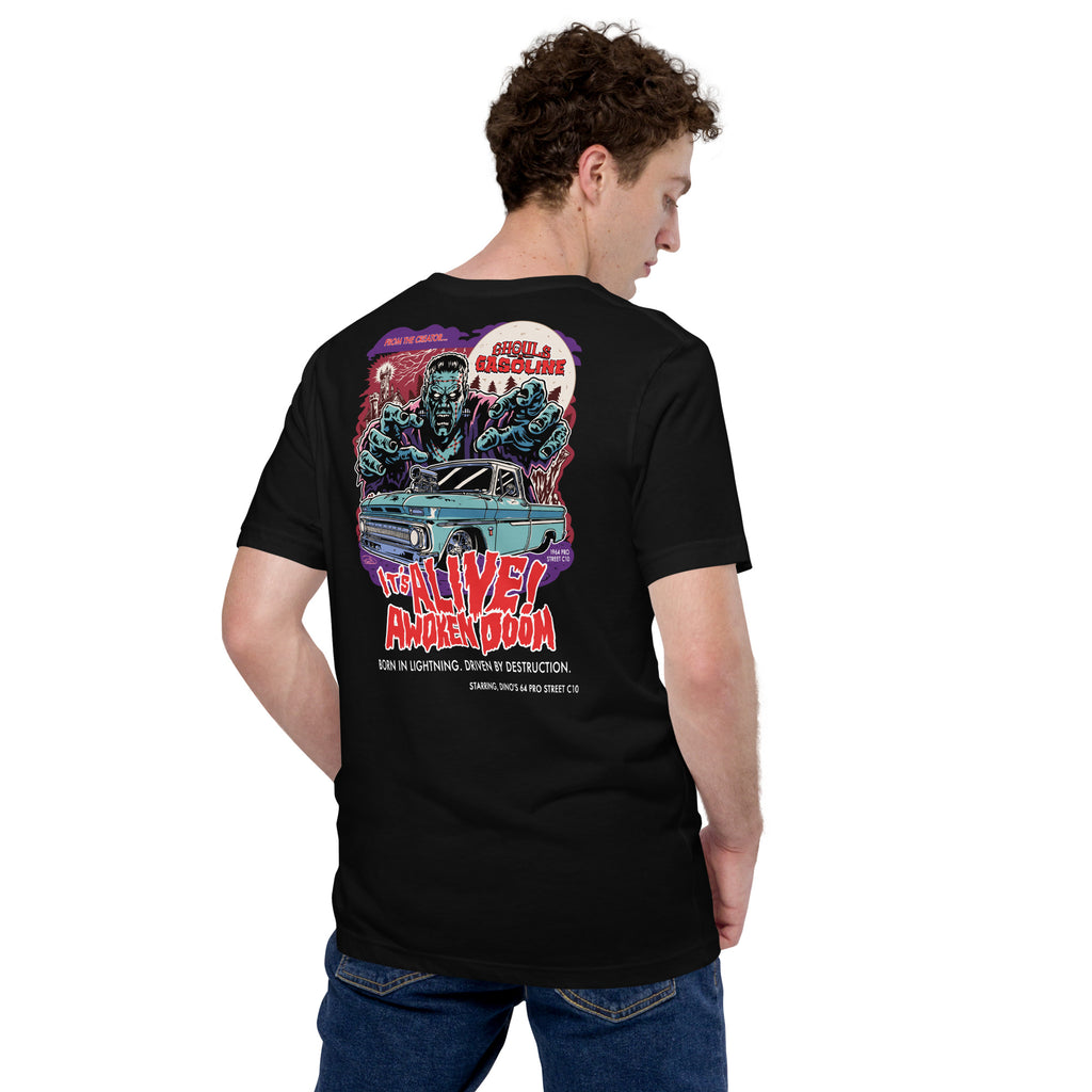 Awoken Doom: '64 Pro Street C10 Chevy - Unisex T-Shirt - Ghouls n' Gasoline - Male Model - Back View