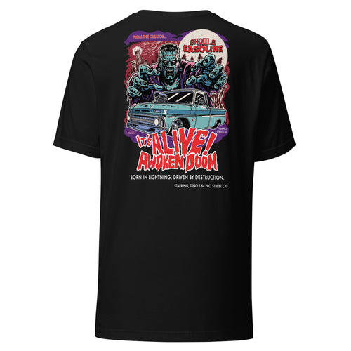Awoken Doom: '64 Pro Street C10 Chevy - Unisex T-Shirt - Ghouls n' Gasoline - Back View