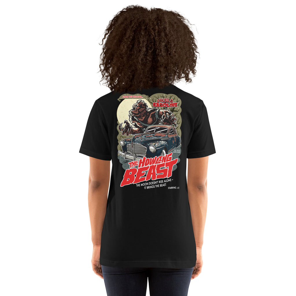 Howling Beast: '41 Buick Super Eight - Unisex T-Shirt - Ghouls n' Gasoline - Female Model - Back View