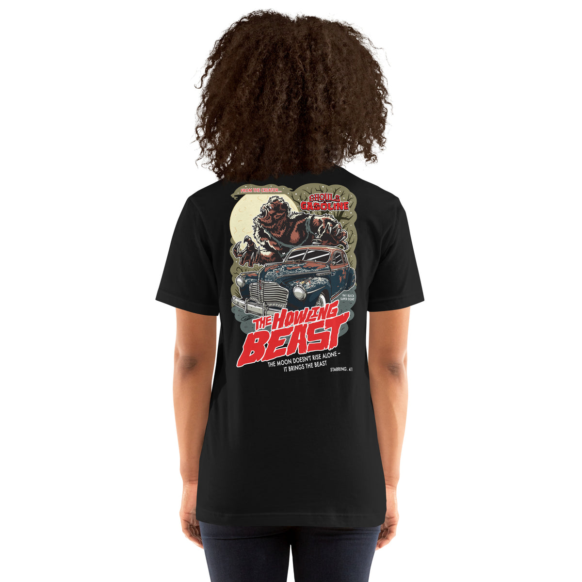 Howling Beast: '41 Buick Super Eight - Unisex T-Shirt - Ghouls n' Gasoline - Female Model - Back View