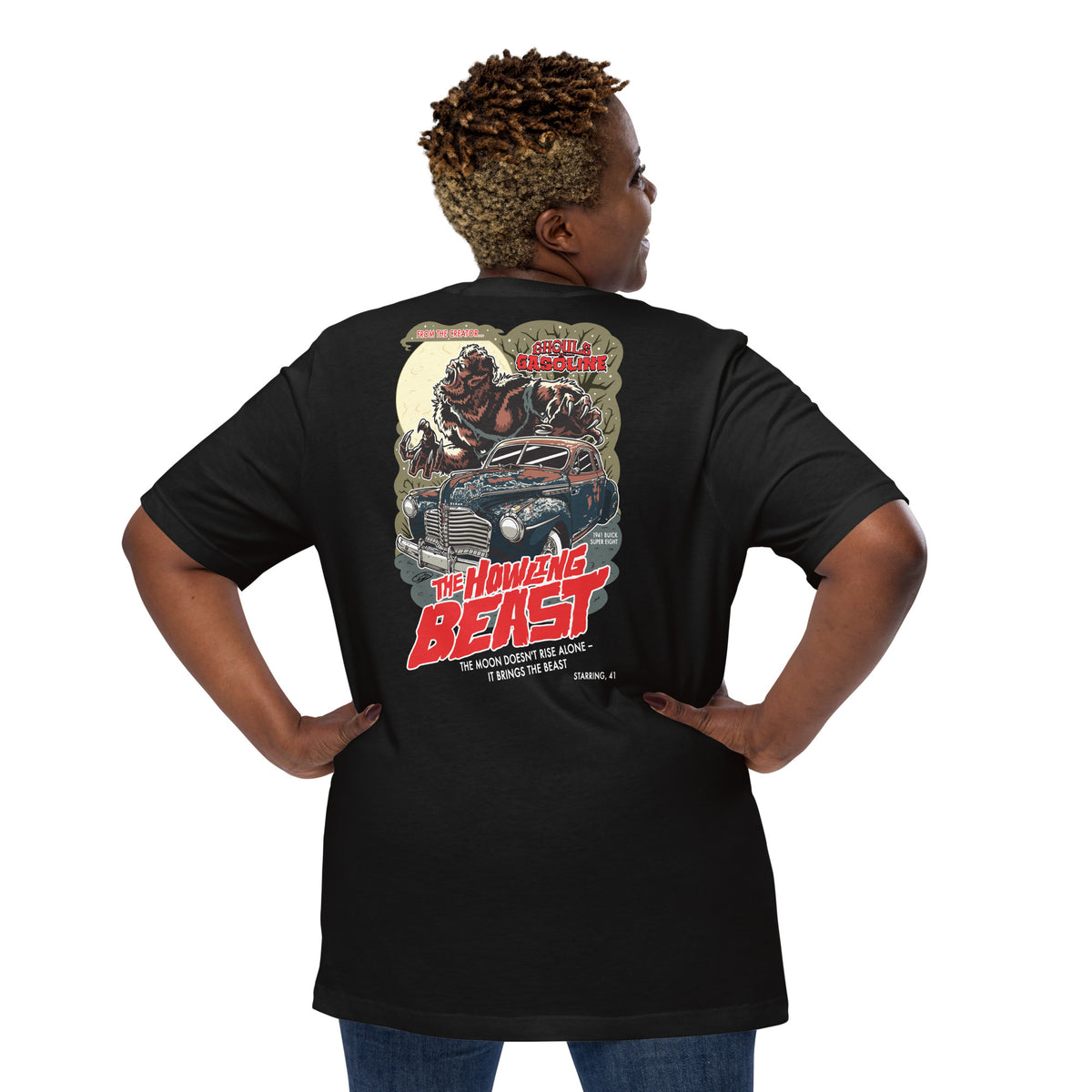 Howling Beast: '41 Buick Super Eight - Unisex T-Shirt - Ghouls n' Gasoline - Plus Size Female Model - Back View