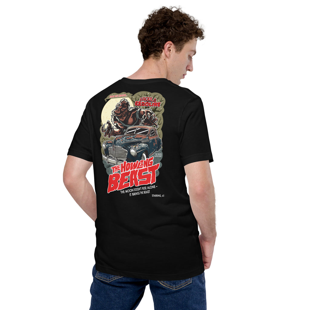 Howling Beast: '41 Buick Super Eight - Unisex T-Shirt - Ghouls n' Gasoline - Male Model - Back View