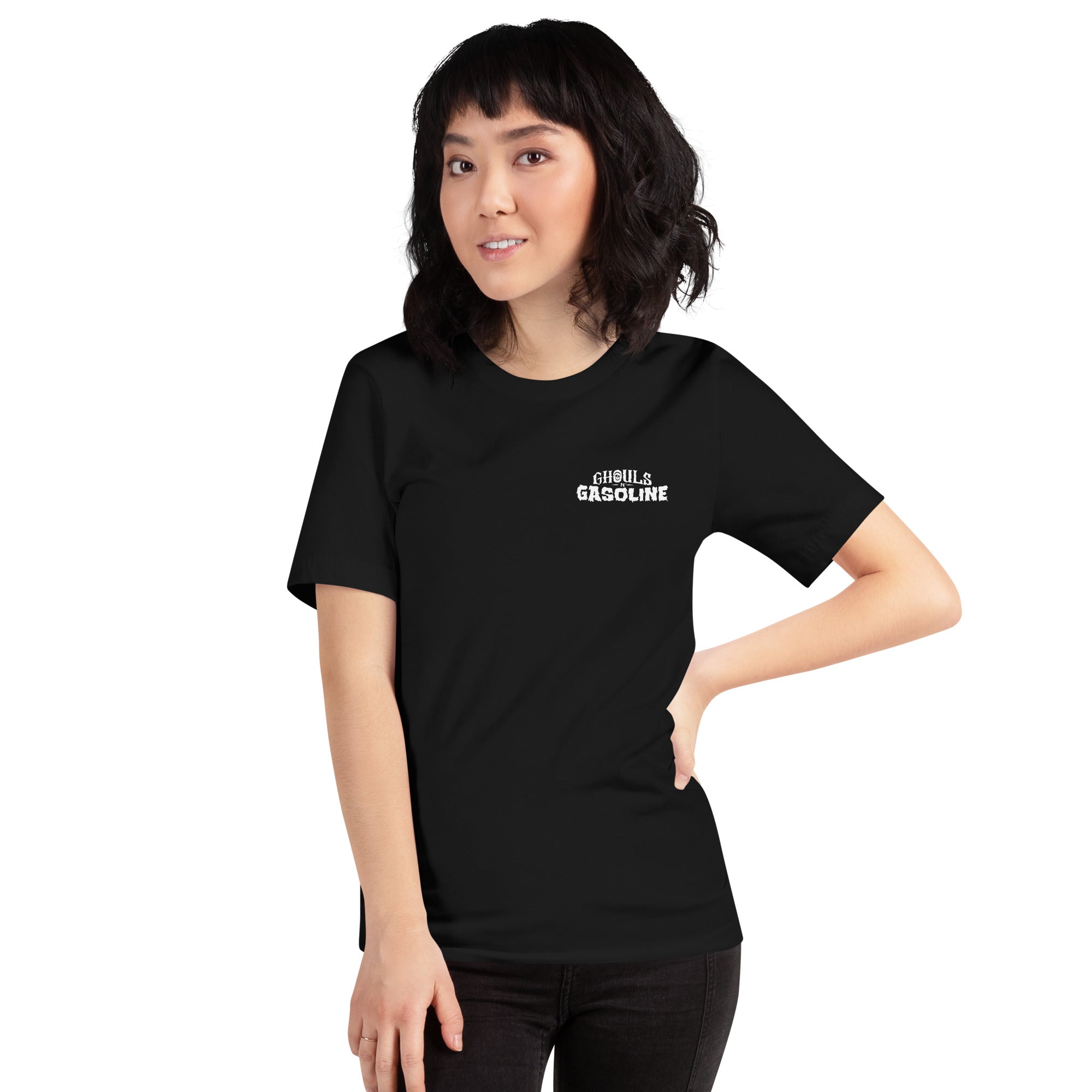 Awoken Doom: '64 Pro Street C10 Chevy - Unisex T-Shirt - Ghouls n' Gasoline - Female Model - Front View