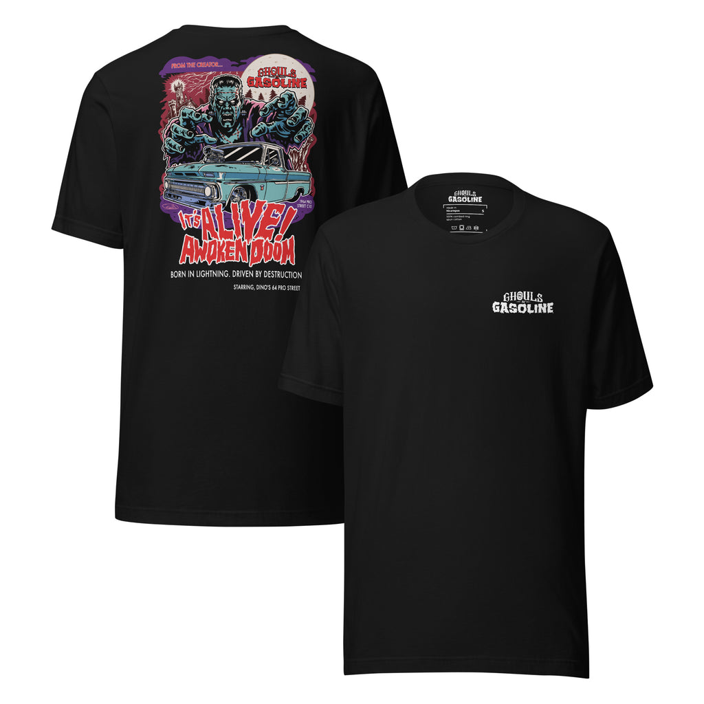 Awoken Doom: '64 Pro Street C10 Chevy - Unisex T-Shirt - Ghouls n' Gasoline - Front & Back View