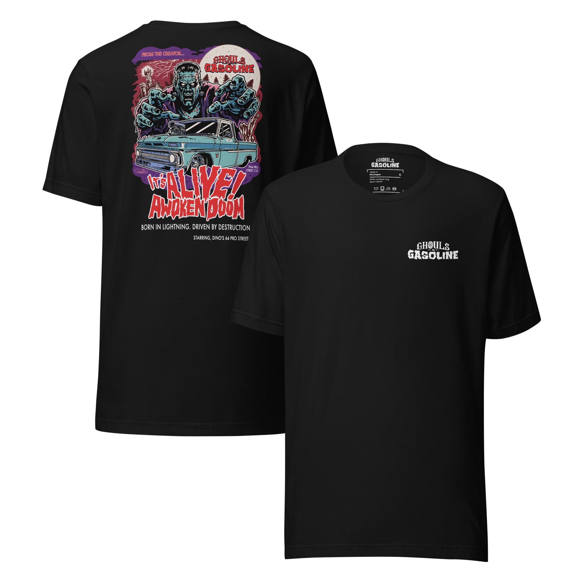 Awoken Doom: '64 Pro Street C10 Chevy - Unisex T-Shirt - Ghouls n' Gasoline - Front & Back View