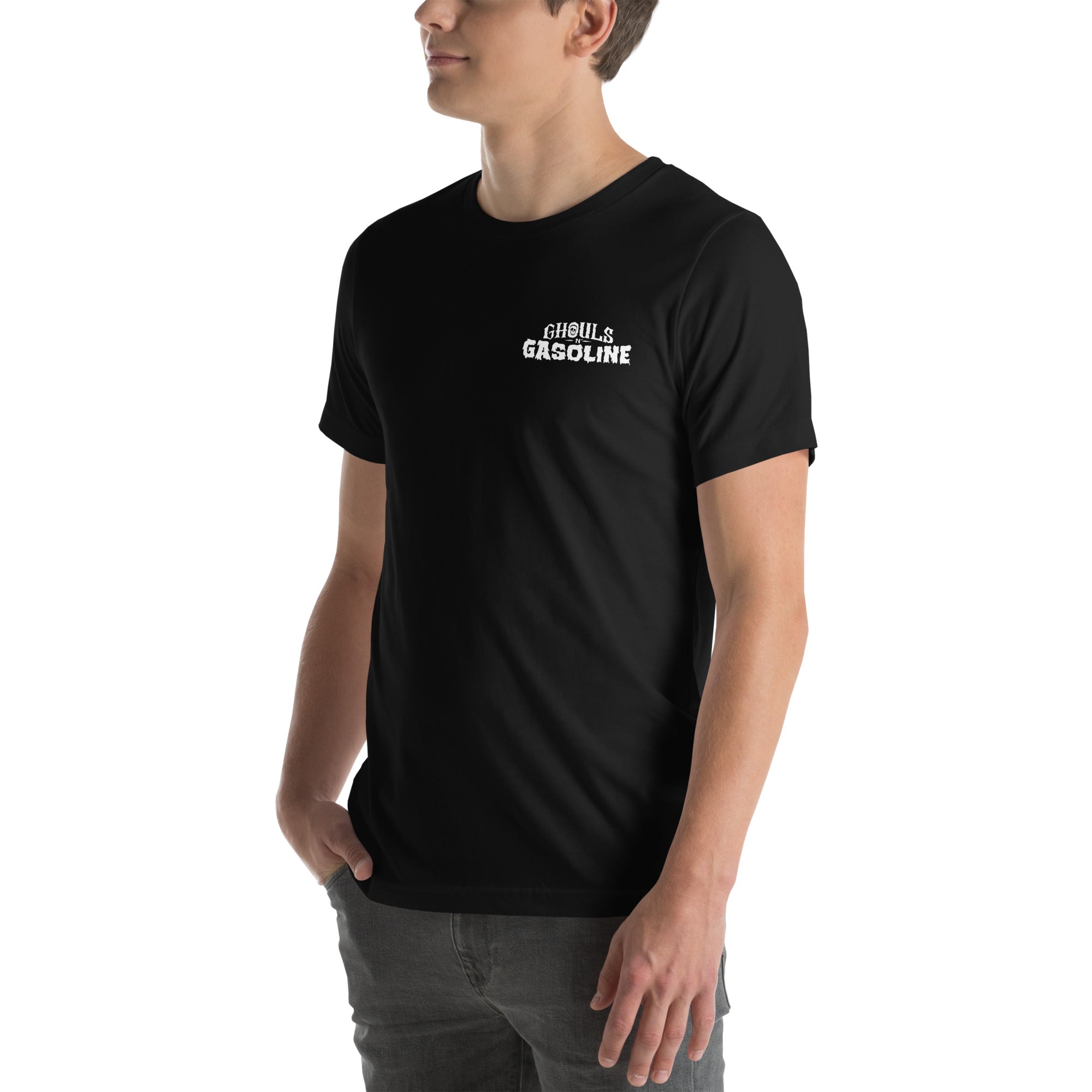 Obnoxious the Menace: '32 Chevy Coupe - Unisex T-Shirt - Ghouls n' Gasoline - Male Model - Front View