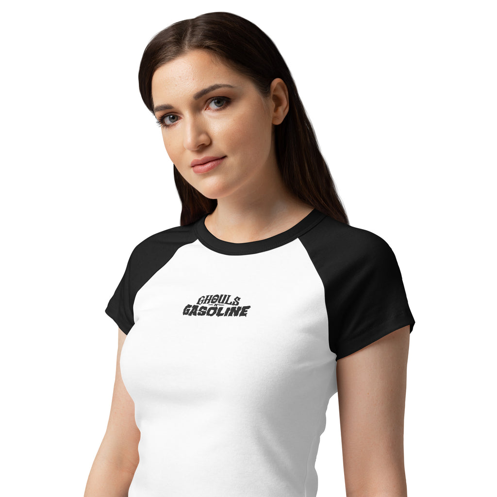 Ghouls n' Gasoline Embroidered Baby Doll Tee: Black / White - Female Model - Close Up Detail