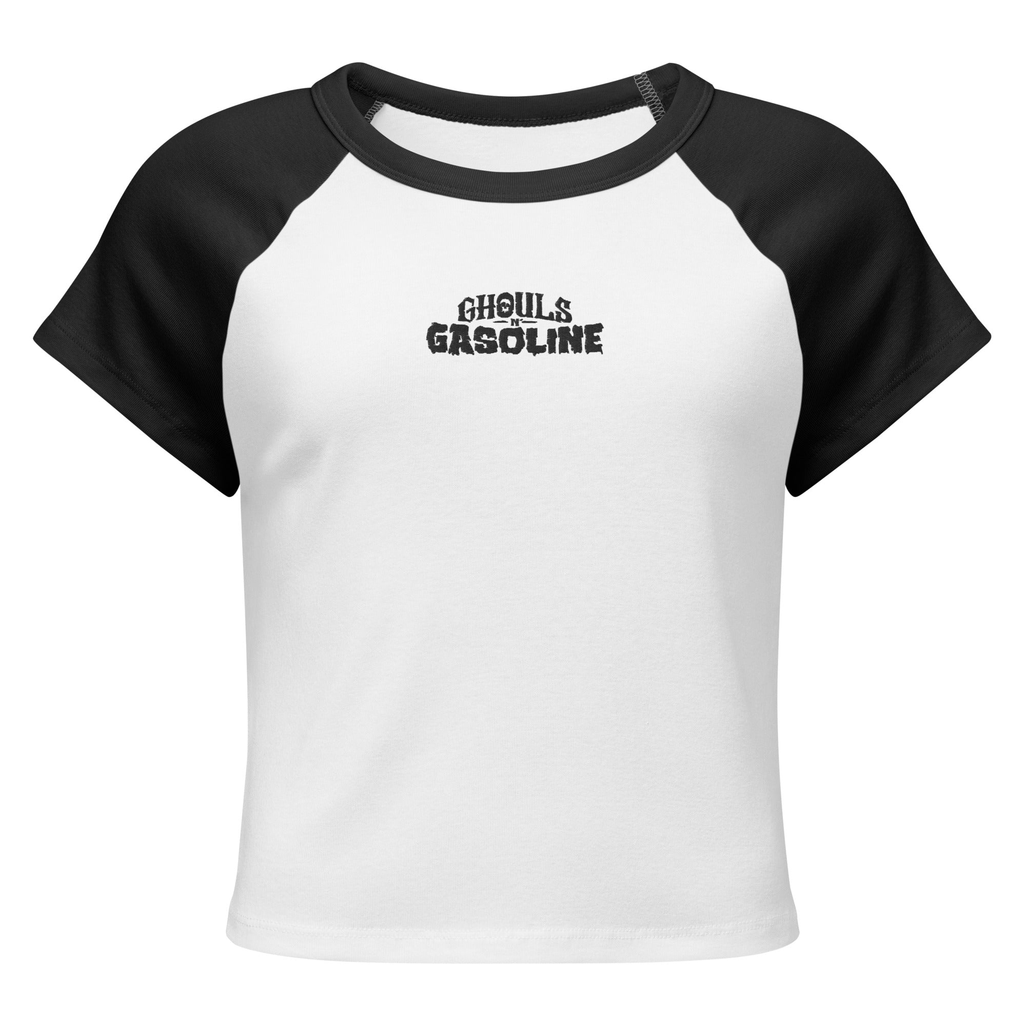 Ghouls n' Gasoline Embroidered Baby Doll Tee: Black / White
