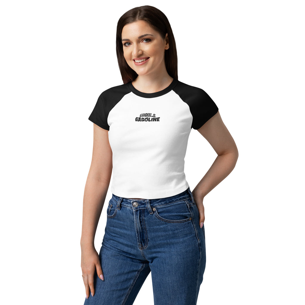 Ghouls n' Gasoline Embroidered Baby Doll Tee: Black / White - Female Model - Front View