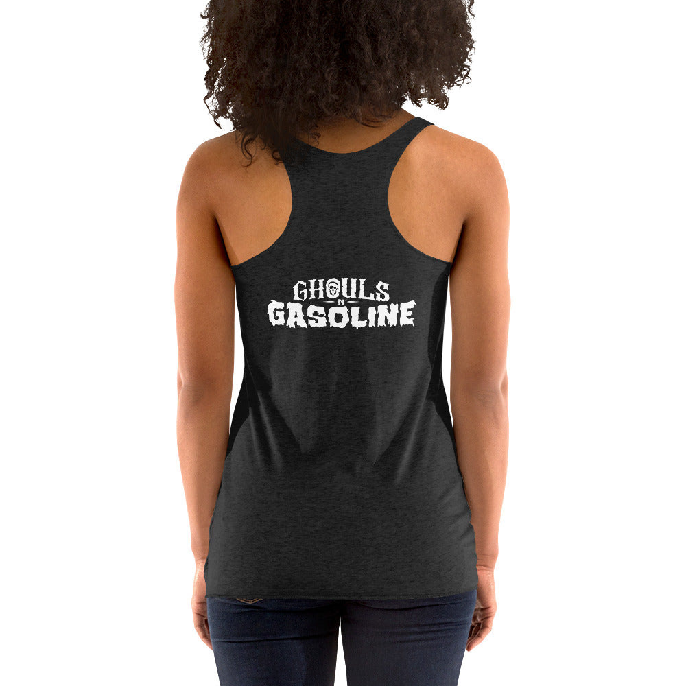 Hotrod Hellraiser: '55 Ford Crown Vic - Women's Razorback Tank Top - Ghouls n' Gasoline - Female Model - Back View