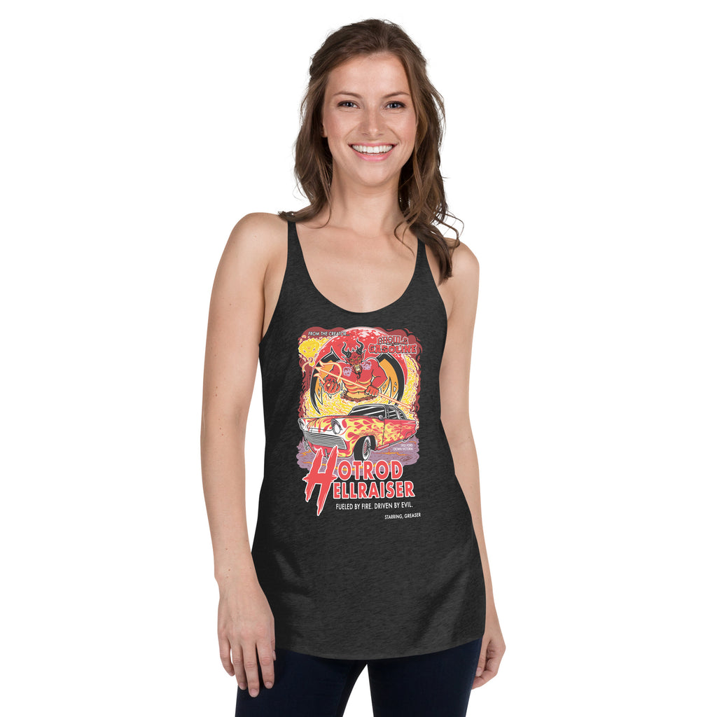 Hotrod Hellraiser: '55 Ford Crown Vic - Women's Razorback Tank Top - Ghouls n' Gasoline - Female Model - Front View