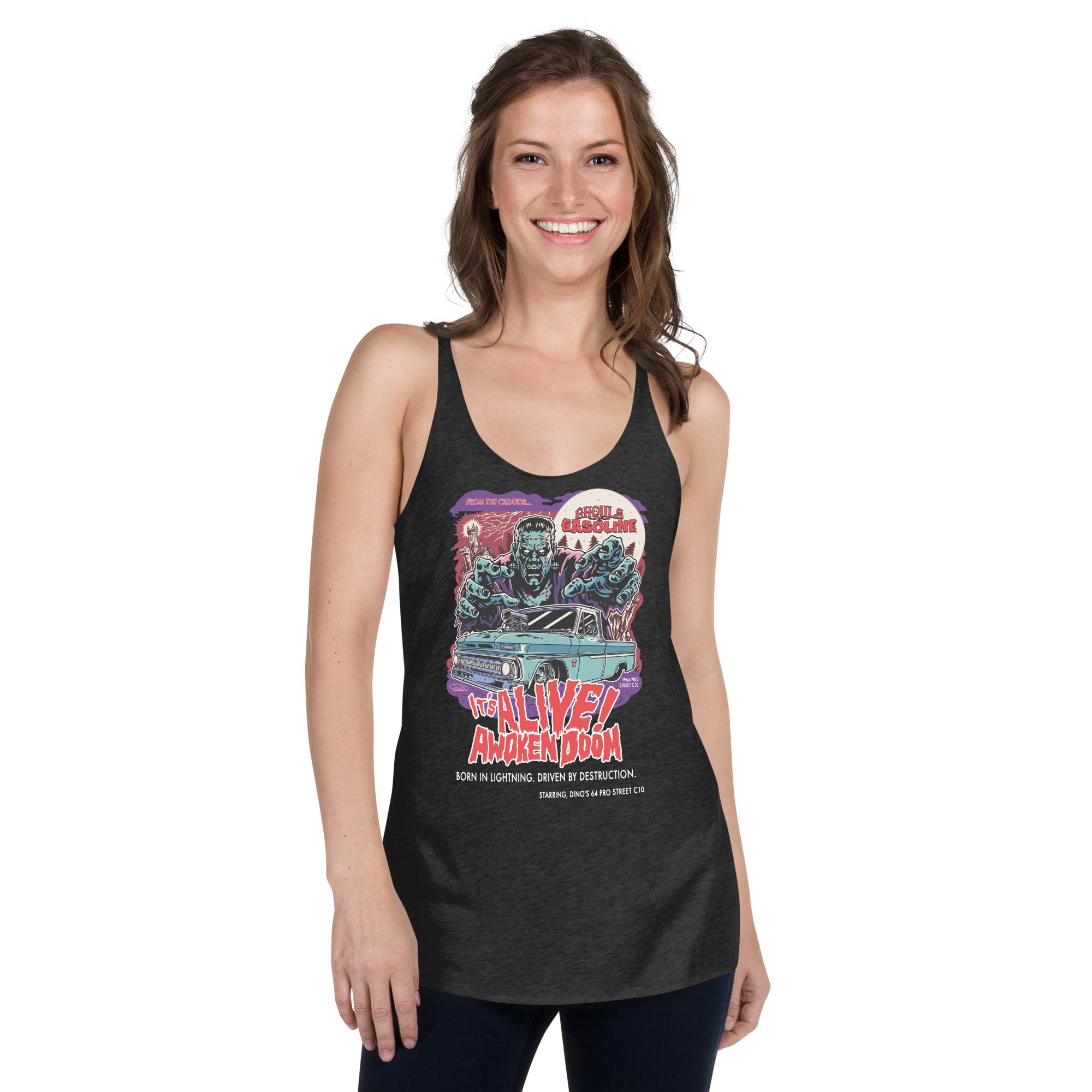 Awoken Doom: '64 Pro Street C10 Chevy - Women's Razorback Tank Top - Ghouls n' Gasoline - Female Model - Front View